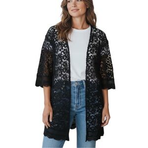 JODIFL Black Cotton Crochet Lace Open Front Bohemian Kimono Topper - Small
